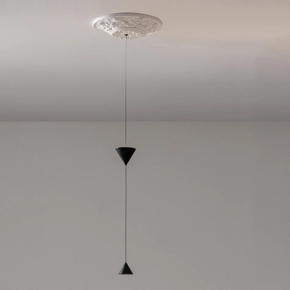 Design Suspended Lamp in White Plaster and Black Aluminium 2 Cones - Tesera Viadurini