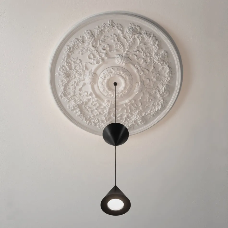 Design Suspended Lamp in White Plaster and Black Aluminium 2 Cones - Tesera Viadurini