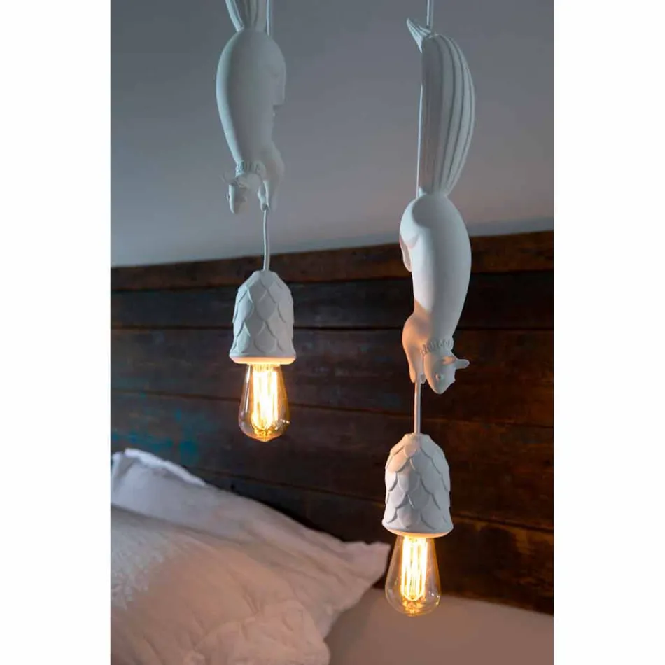 Suspended Lamp in Matt White Ceramic with Squirrel and Acorn - Squirrel Viadurini