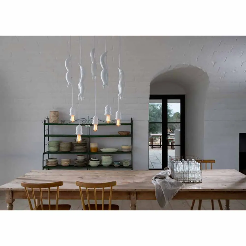 Suspended Lamp in Matt White Ceramic with Squirrel and Acorn - Squirrel Viadurini