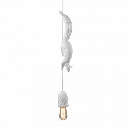 Suspended Lamp in Matt White Ceramic with Squirrel and Acorn - Squirrel Viadurini