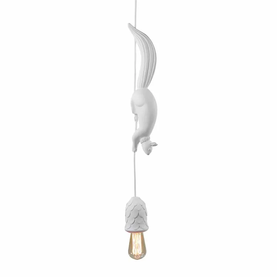 Suspended Lamp in Matt White Ceramic with Squirrel and Acorn - Squirrel Viadurini