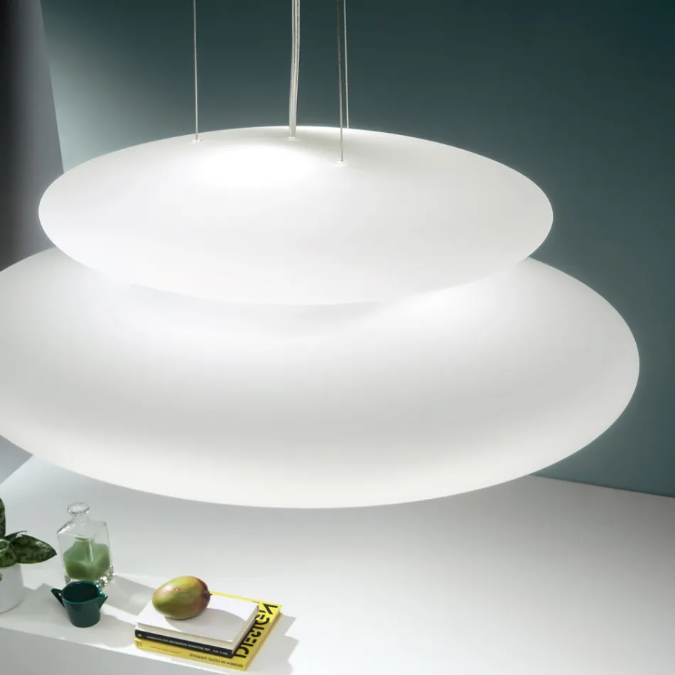 Suspended Lamp in Blown White Glass and Chromed Metal - Illumina Viadurini