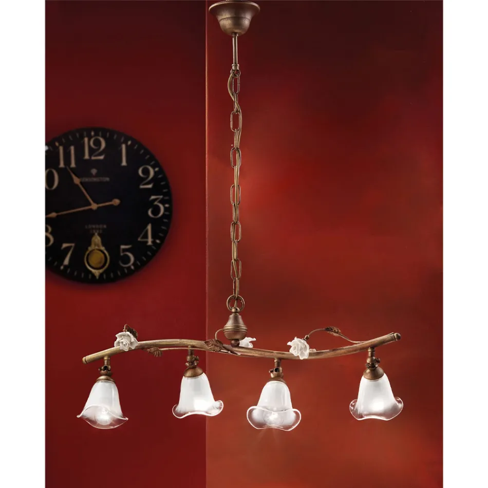 Linear Suspended Lamp 4 Lights in Iron, Glass and Ceramic Roses - Siena Viadurini