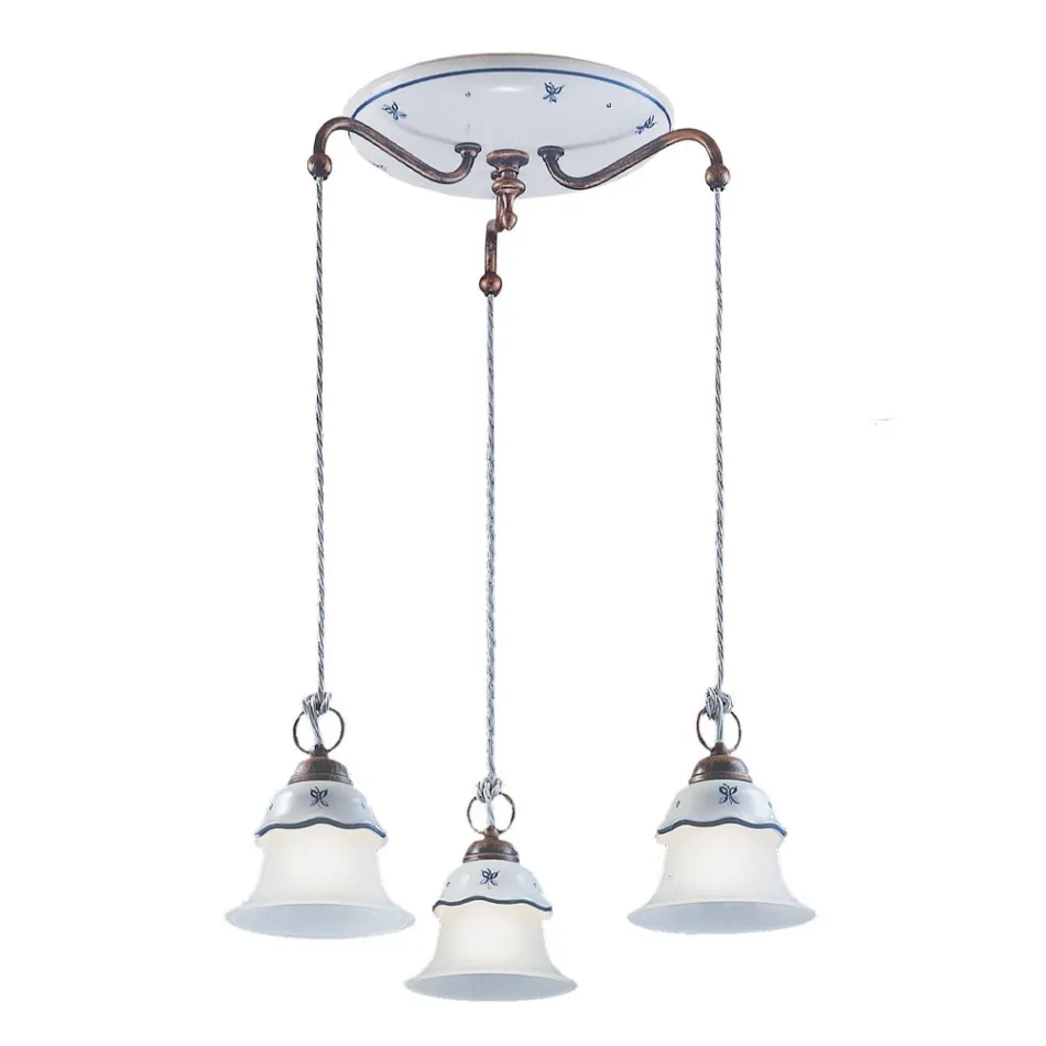 Round Suspended Lamp in Iron, Glass, Hand Painted Ceramic - Ferrara Viadurini