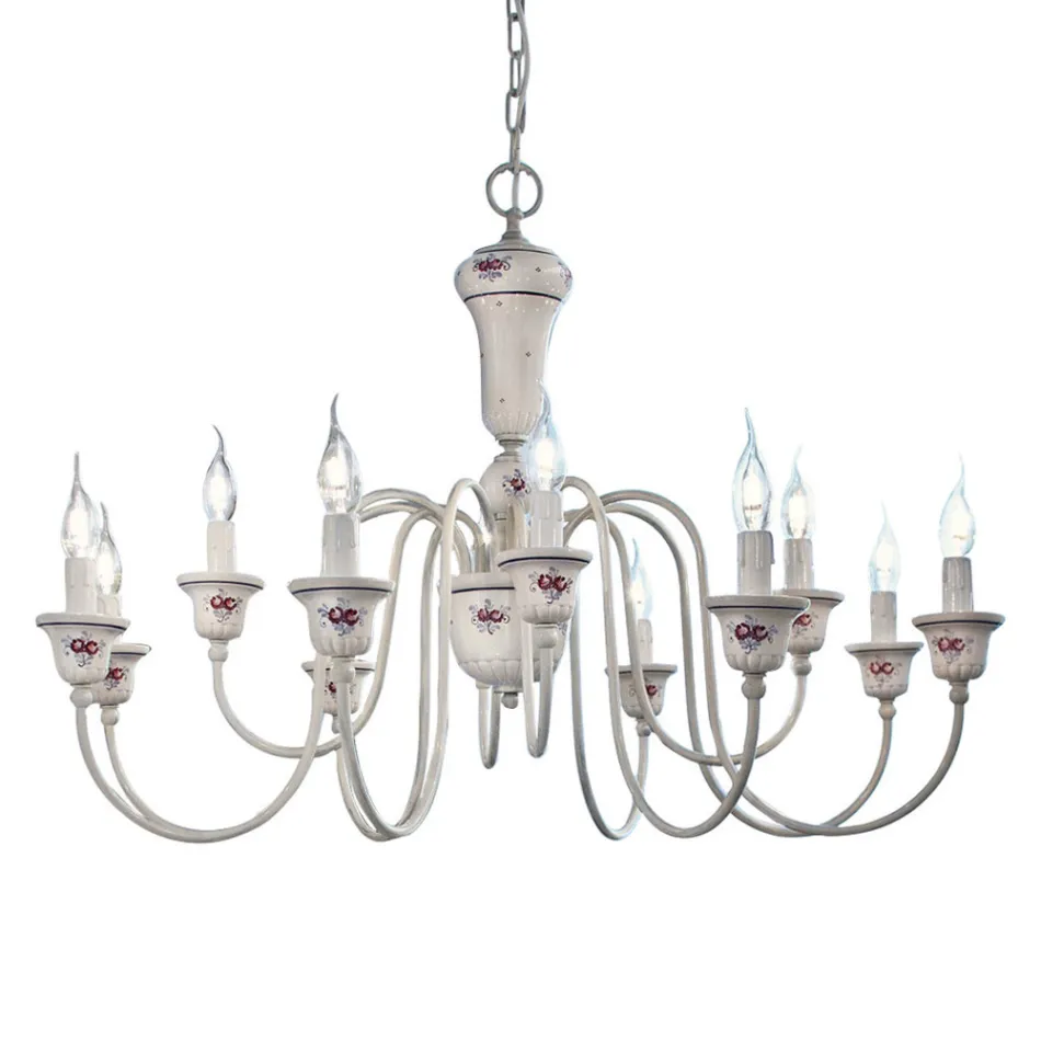 Chandelier 12 Lights Artisan Hand Painted Ceramic and Brass - Sanremo Viadurini