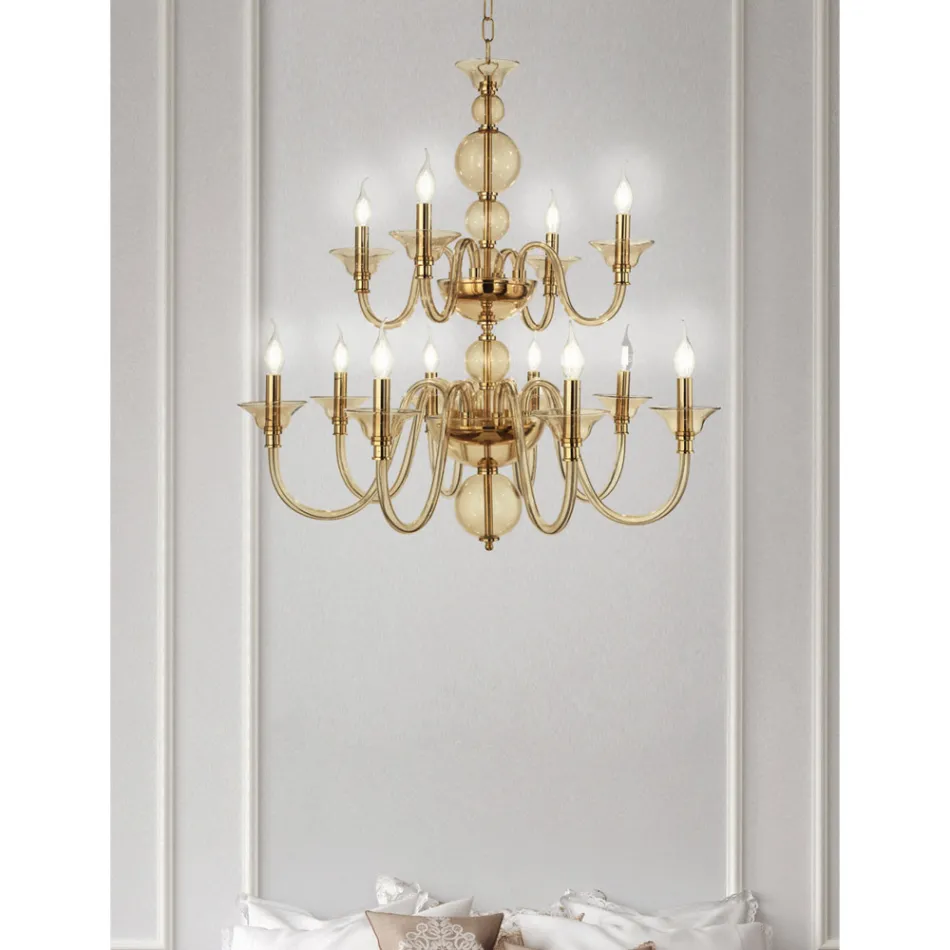 Classic Chandelier 12 Lights in Italian Handmade Glass and Metal - Memore Viadurini