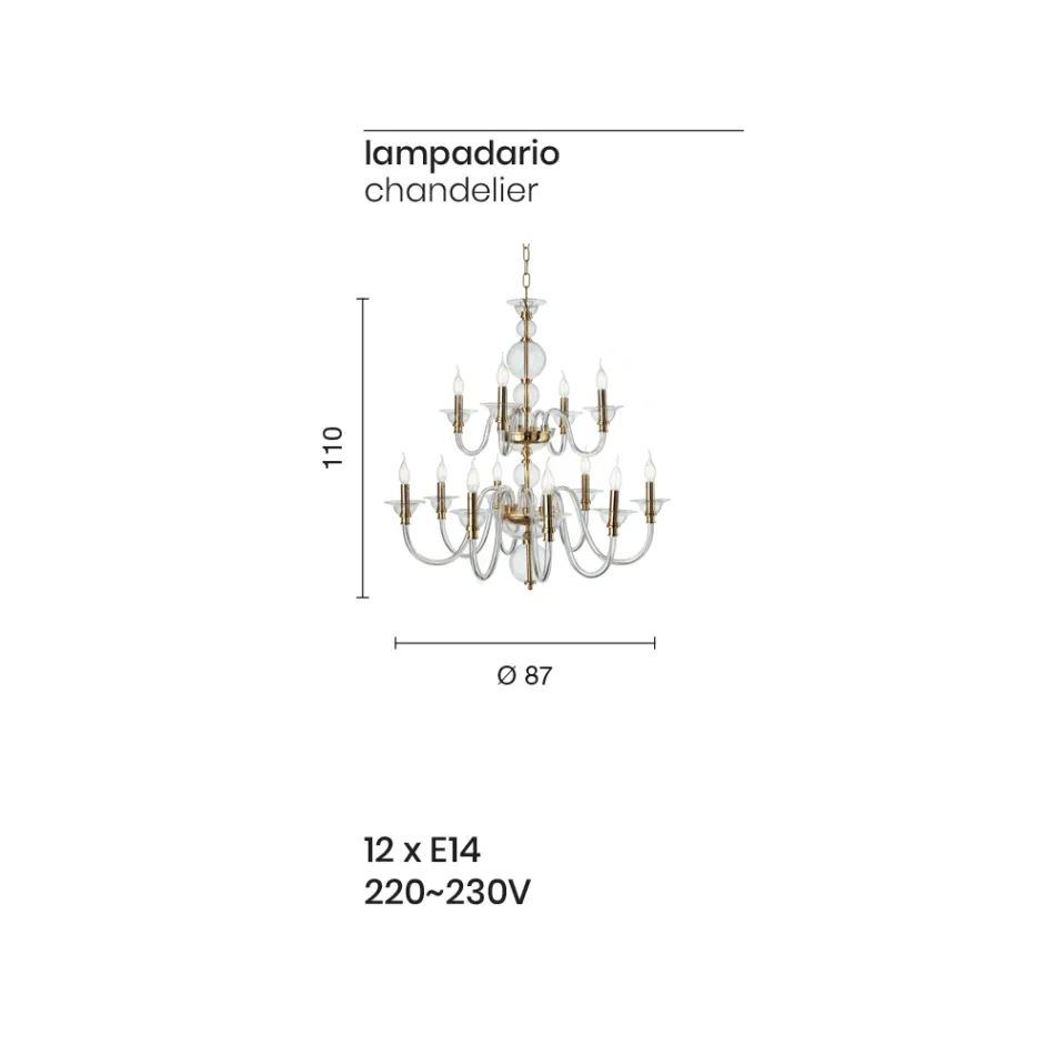 Classic Chandelier 12 Lights in Italian Handmade Glass and Metal - Memore Viadurini