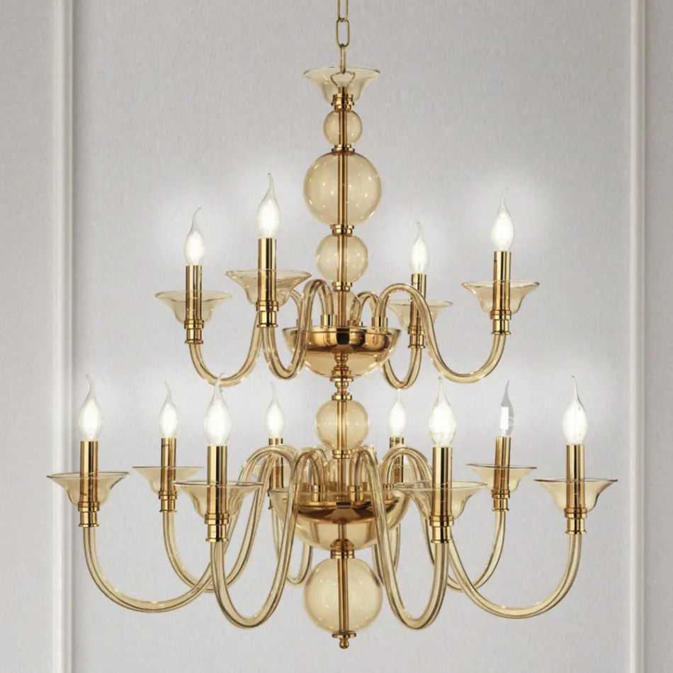 Classic Chandelier 12 Lights in Italian Handmade Glass and Metal - Memore Viadurini