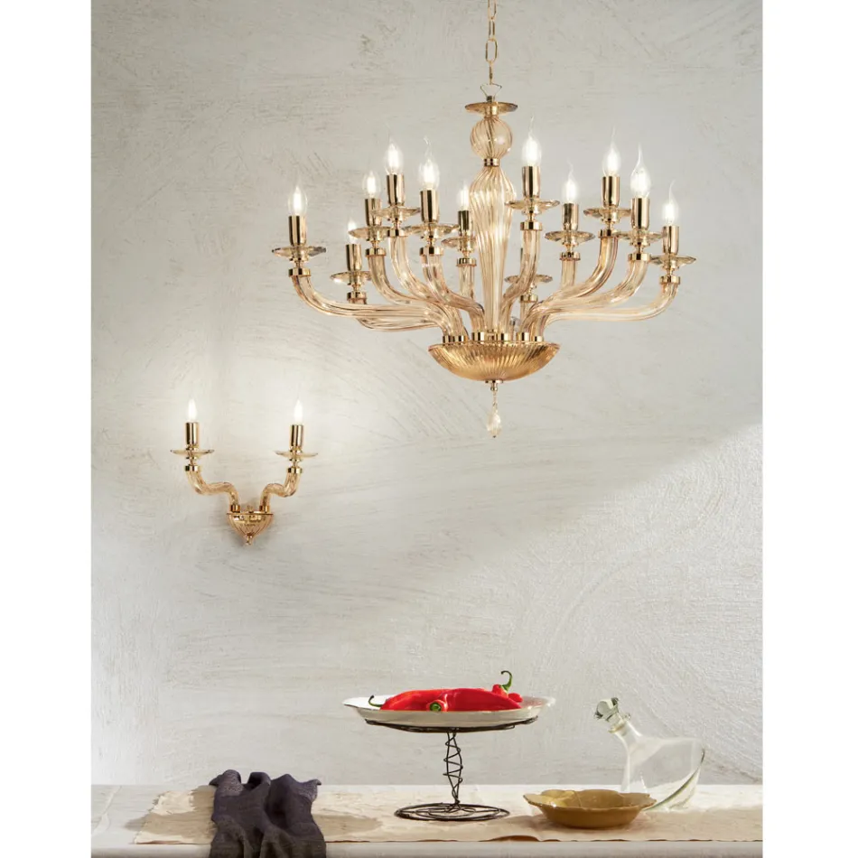 Classic 12 Lights Chandelier in Handmade Rigaton Glass and Gold Metal - Fievole Viadurini
