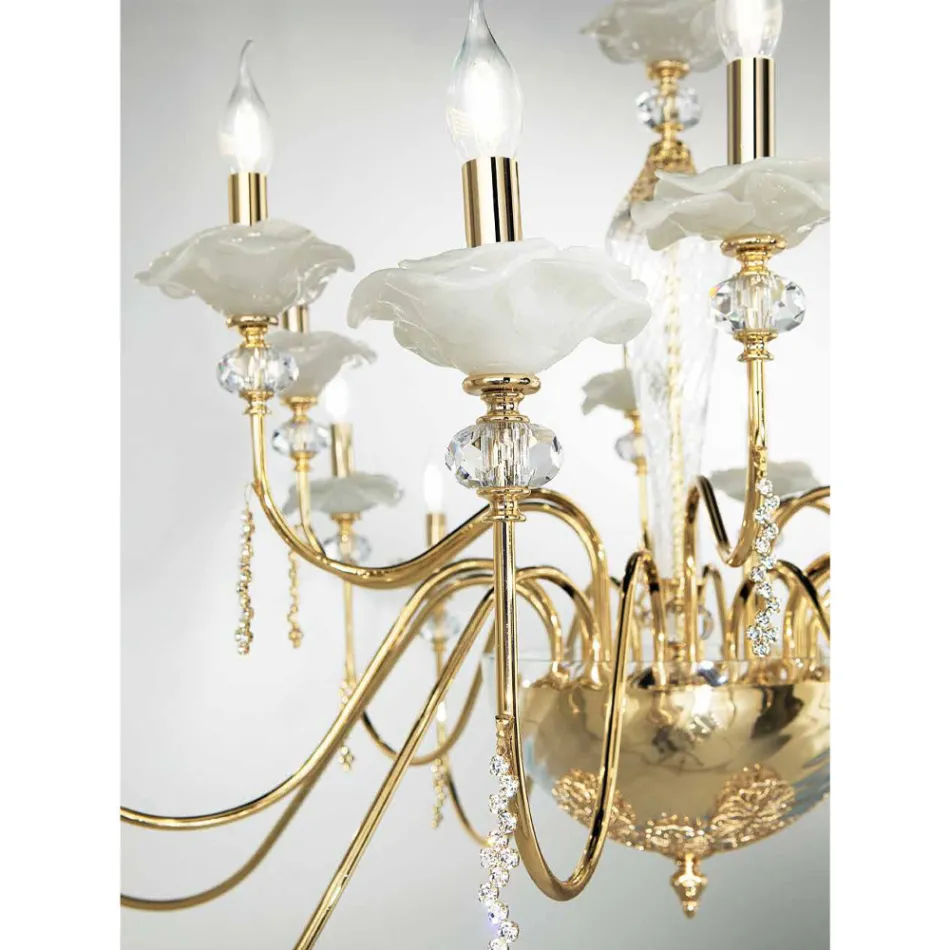 Classic 12 Lights Chandelier in Glass, Crystal and Luxury Metal - Flanders Viadurini