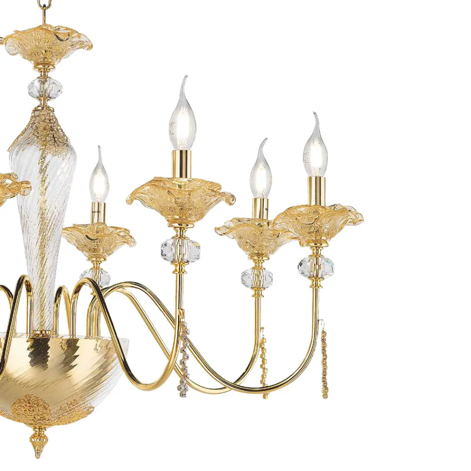 Classic 12 Lights Chandelier in Glass, Crystal and Luxury Metal - Flanders Viadurini