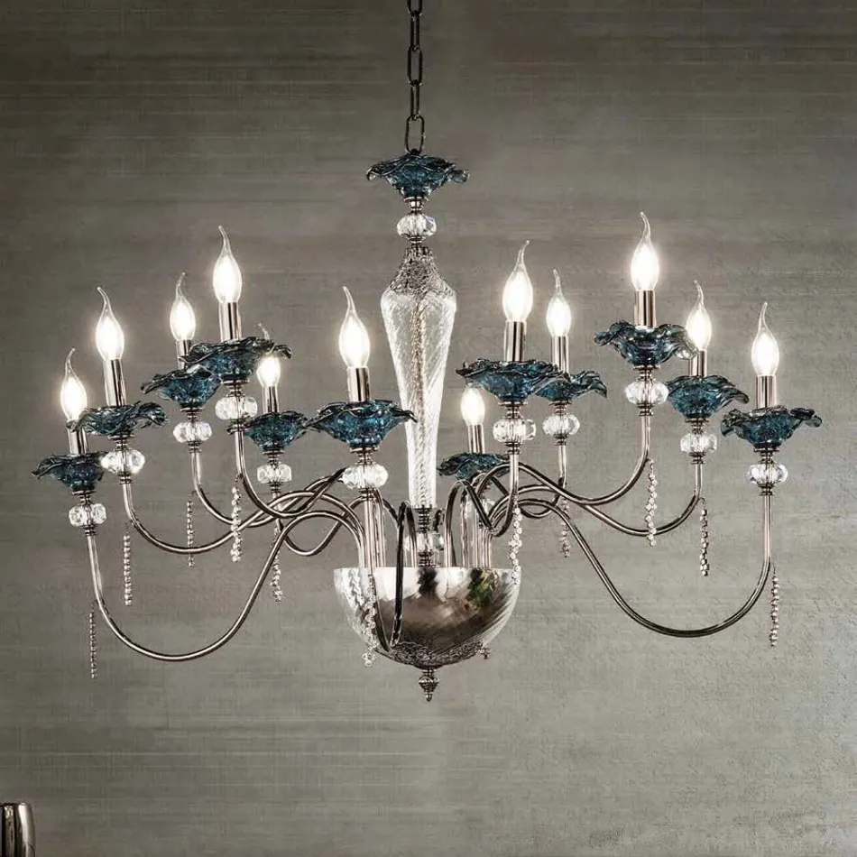 Classic 12 Lights Chandelier in Glass, Crystal and Luxury Metal - Flanders Viadurini