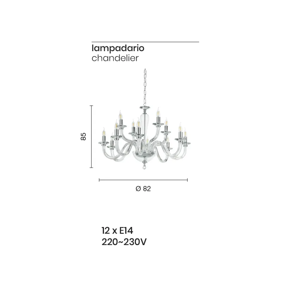 Classic Chandelier 12 Lights in Italian Handmade Transparent Glass - Rapallo Viadurini