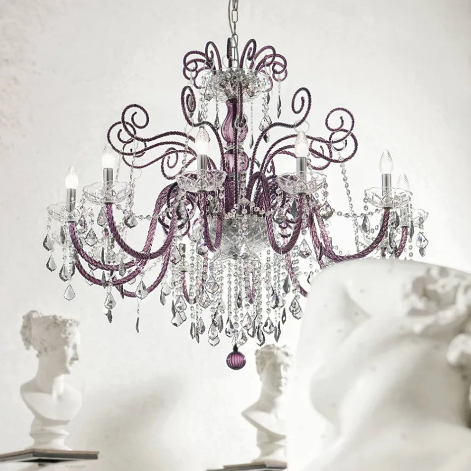 12 Lights Amethyst Venetian Glass Chandelier Made in Italy - Florentine Viadurini