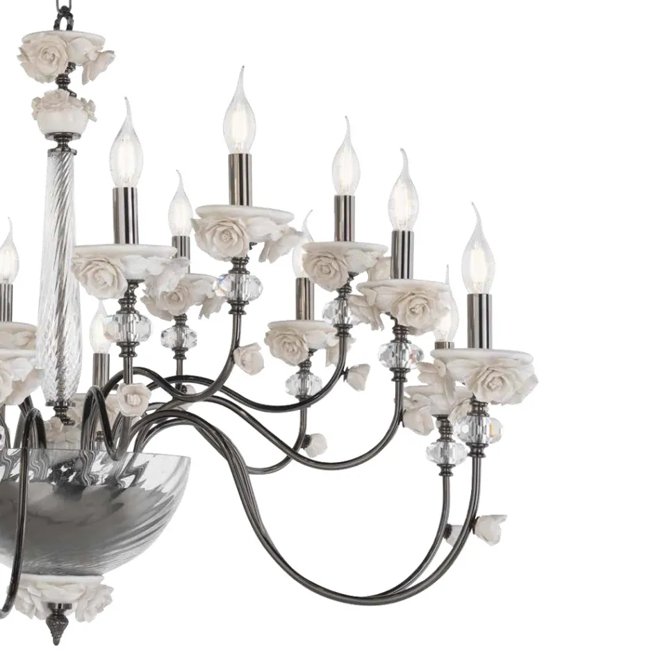 Classic 18 Lights Chandelier in Porcelain and Luxury Blown Glass - Eteria Viadurini