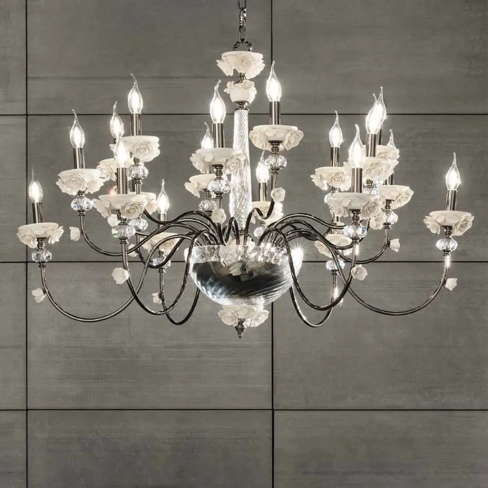 Classic 18 Lights Chandelier in Porcelain and Luxury Blown Glass - Eteria Viadurini