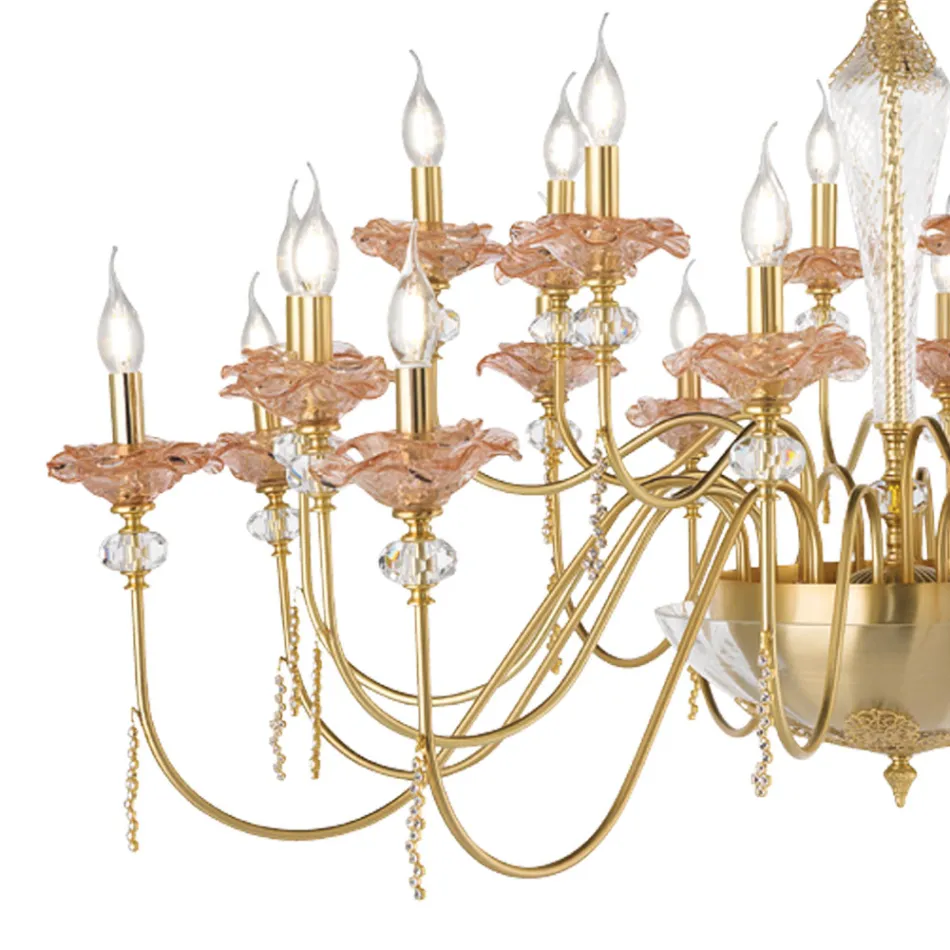 Classic 18 Lights Chandelier in Glass, Crystal and Luxury Metal - Flanders Viadurini