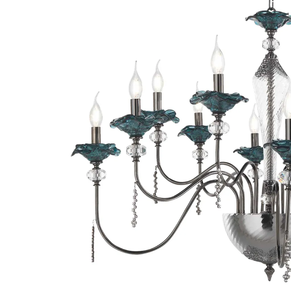 Classic 18 Lights Chandelier in Glass, Crystal and Luxury Metal - Flanders Viadurini