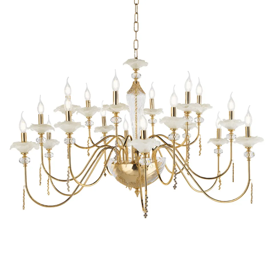 Classic 18 Lights Chandelier in Glass, Crystal and Luxury Metal - Flanders Viadurini