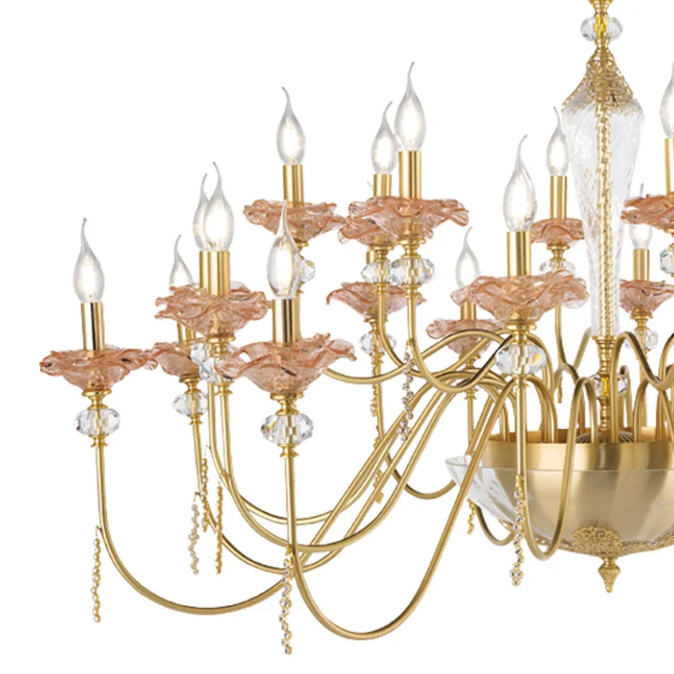 Classic 24 Lights Chandelier in Glass, Crystal and Luxury Metal - Flanders Viadurini