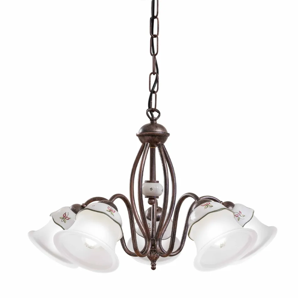 3 or 5 Lights Chandelier in Iron, Hand Painted Ceramic and Glass - Ferrara Viadurini