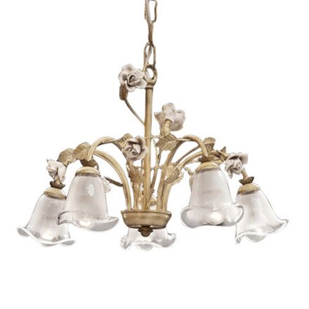 5 Lights Chandelier in Iron and Sandblasted Glass with Ceramic Roses - Siena Viadurini