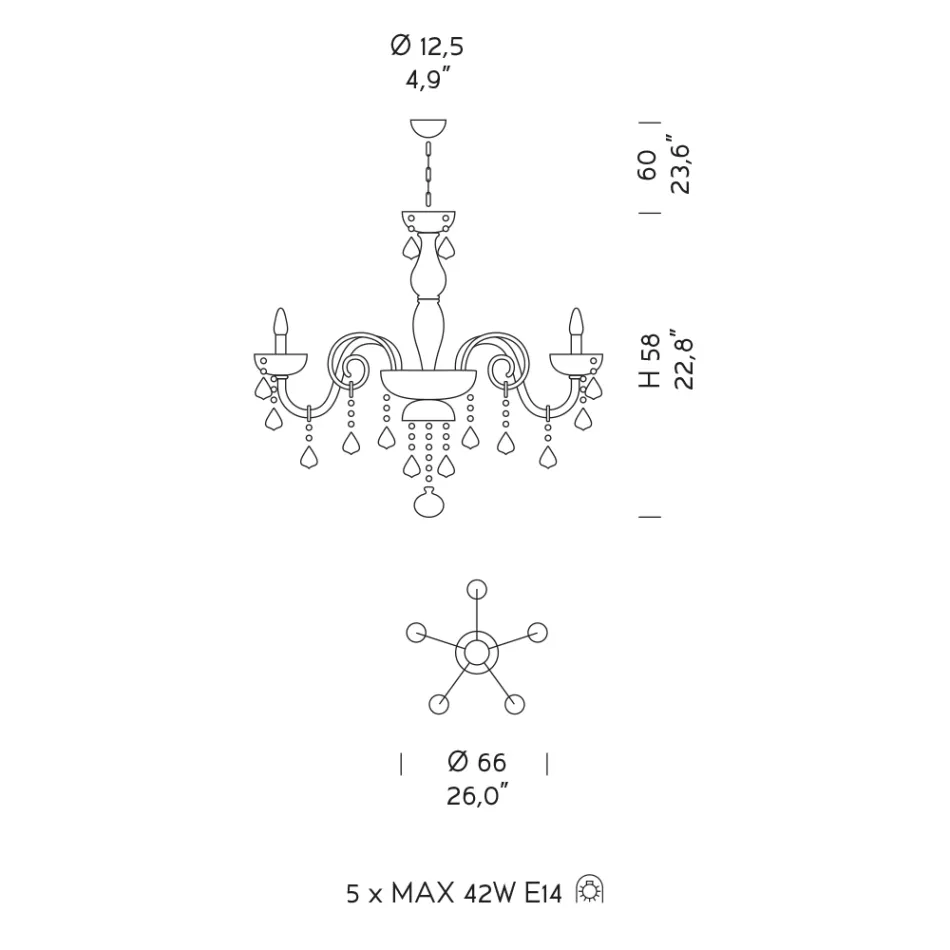 5 Lights Chandelier in Venetian Glass and Metal Classic - Florentine Style Viadurini