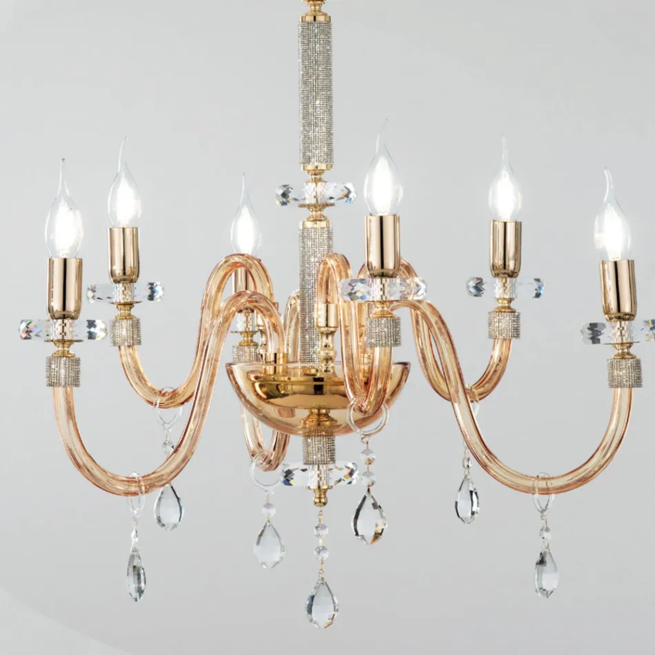 Chandelier 6 Lights Classic Italian Glass Handmade Amber - Similo Viadurini