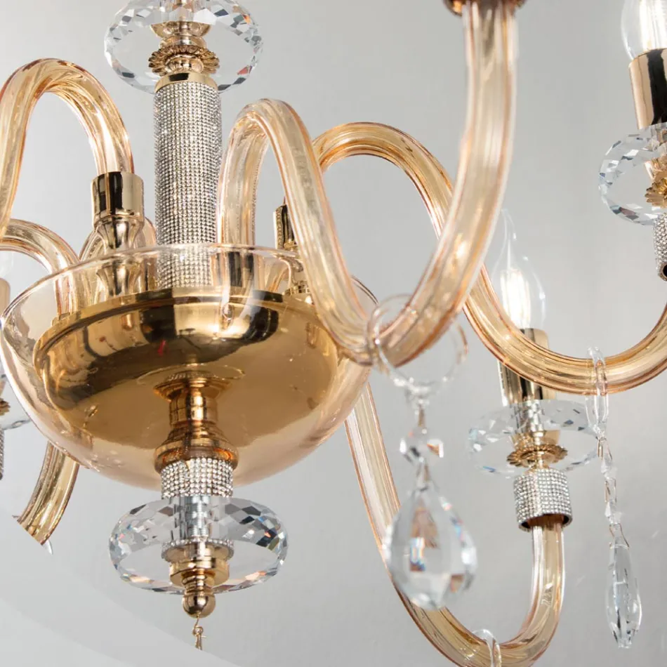 Chandelier 6 Lights Classic Italian Glass Handmade Amber - Similo Viadurini