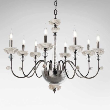 Classic 8 Lights Chandelier in Porcelain and Luxury Blown Glass - Eteria Viadurini
