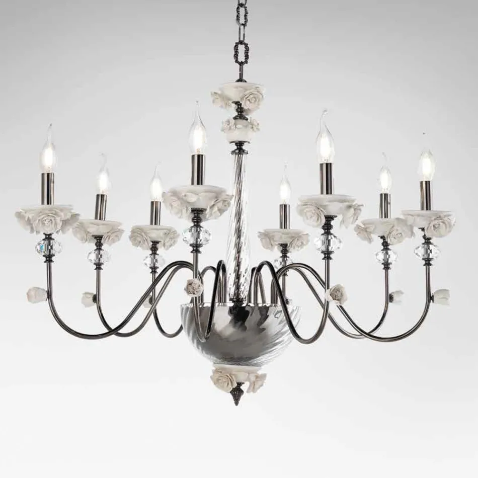 Classic 8 Lights Chandelier in Porcelain and Luxury Blown Glass - Eteria Viadurini
