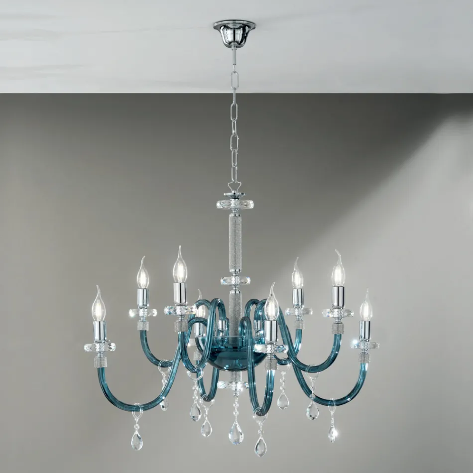 Chandelier 8 Lights Classic Italian Glass Handcrafted Teal - Similo Viadurini