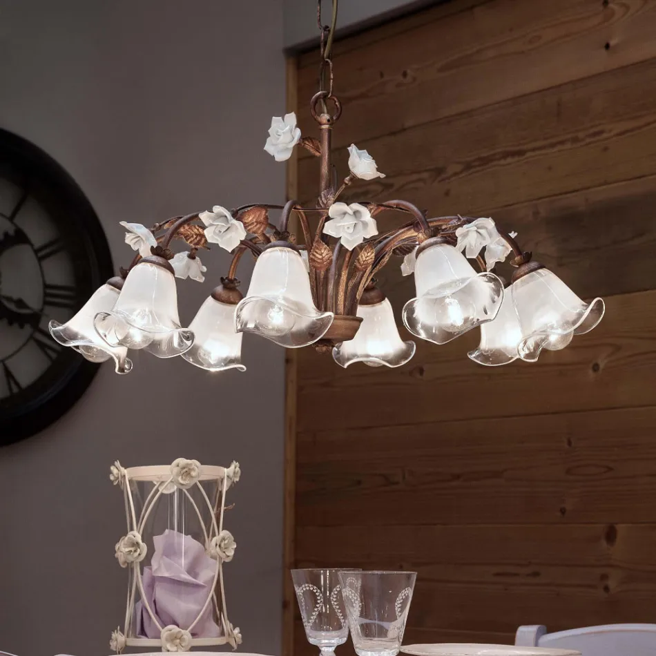8 Lights Chandelier in Iron and Sandblasted Glass with Ceramic Roses - Siena Viadurini