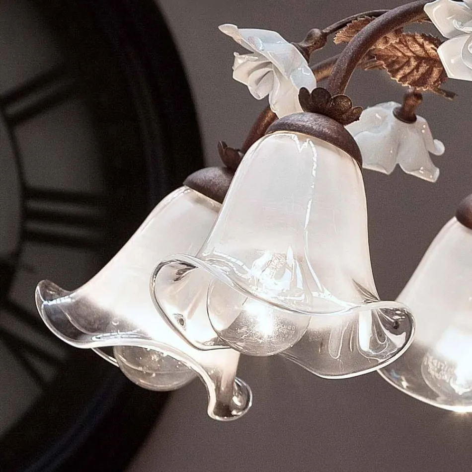 8 Lights Chandelier in Iron and Sandblasted Glass with Ceramic Roses - Siena Viadurini