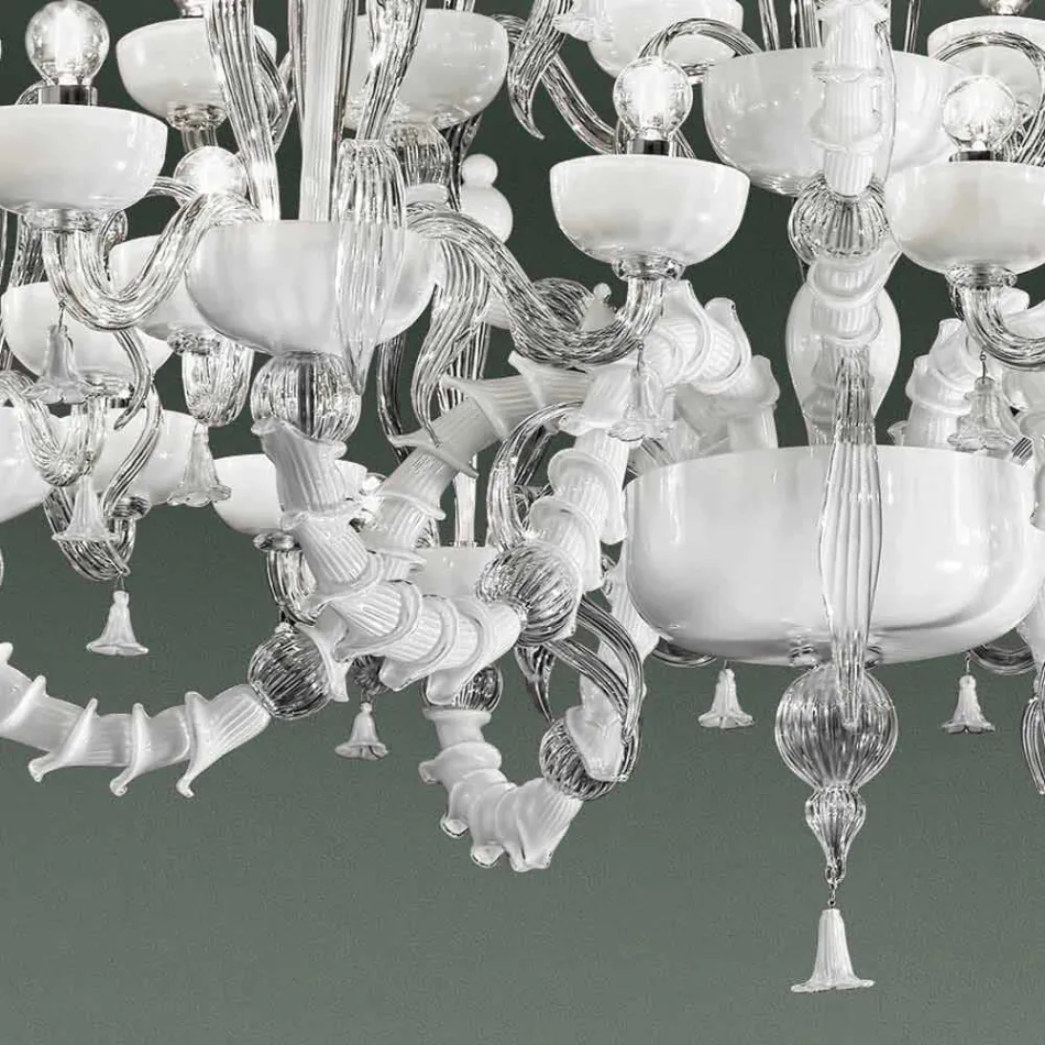 Chandelier with 27 Lights in White Venice Glass, Handmade in Italy - Regina Viadurini