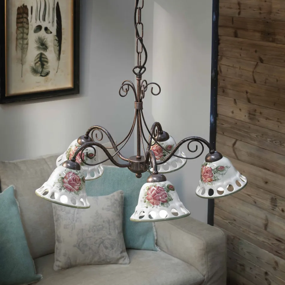 Handmade Ceramic 3 or 5 Light Chandelier with Passanastri - Naples Viadurini