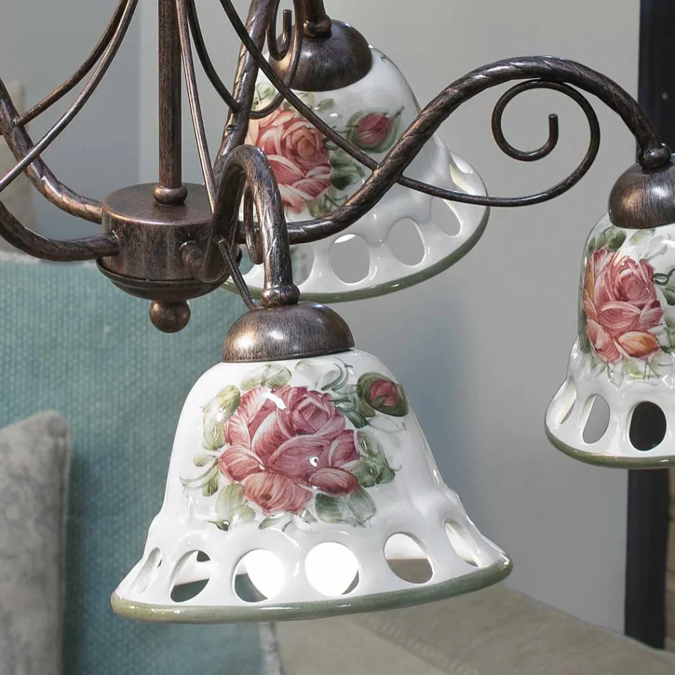 Handmade Ceramic 3 or 5 Light Chandelier with Passanastri - Naples Viadurini