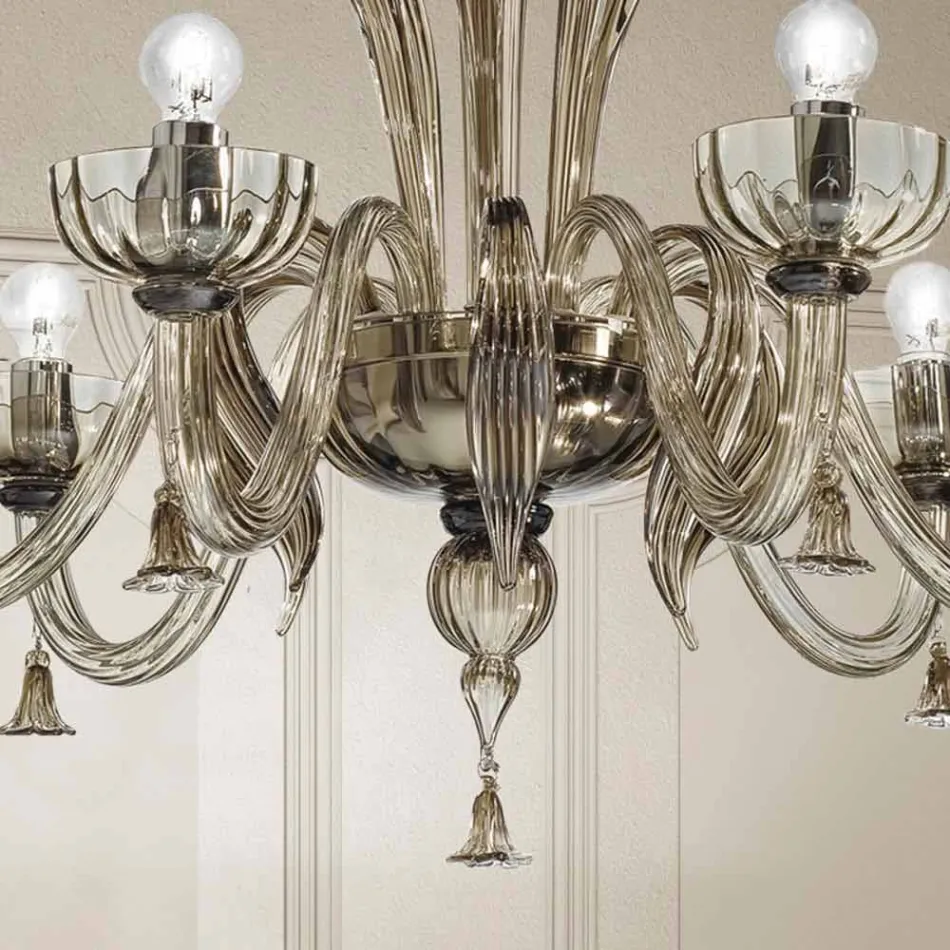 6 Light Venetian Glass Chandelier, Handmade in Italy - Regina Viadurini