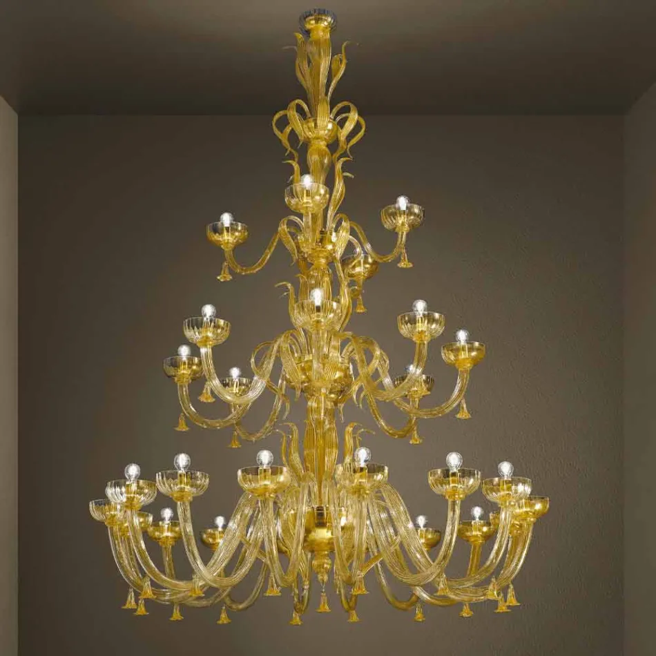 Handcrafted Chandelier with 28 Lights in Venetian Glass and Gold Made in Italy - Regina Viadurini
