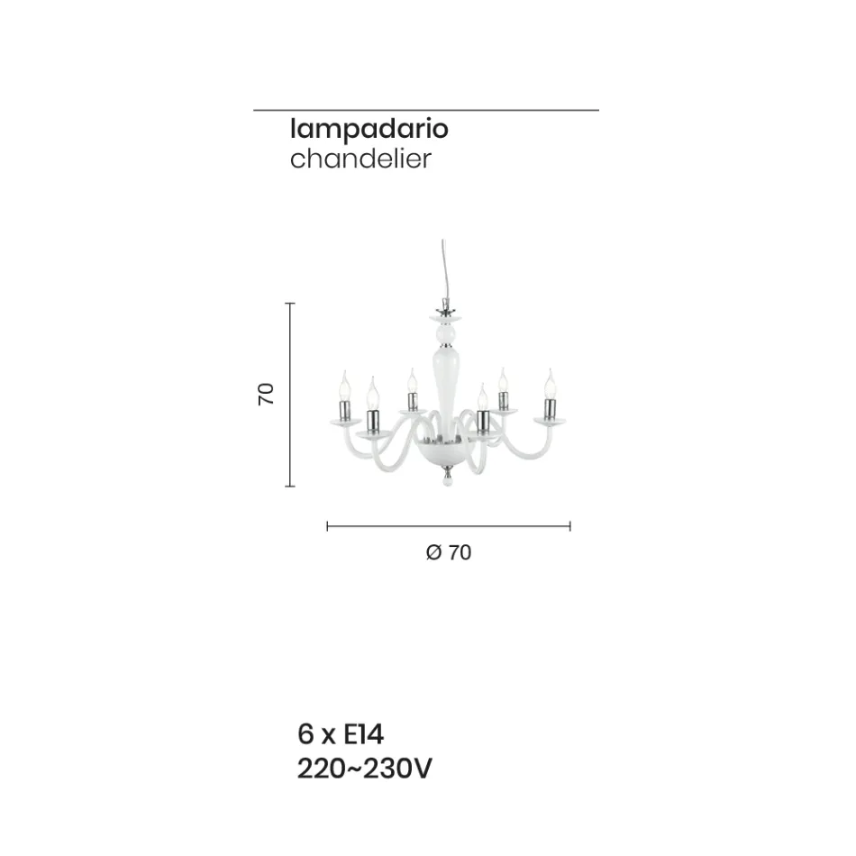 Classic 6 Lights Chandelier in Handmade Italian Glass and Metal - Oliver Viadurini