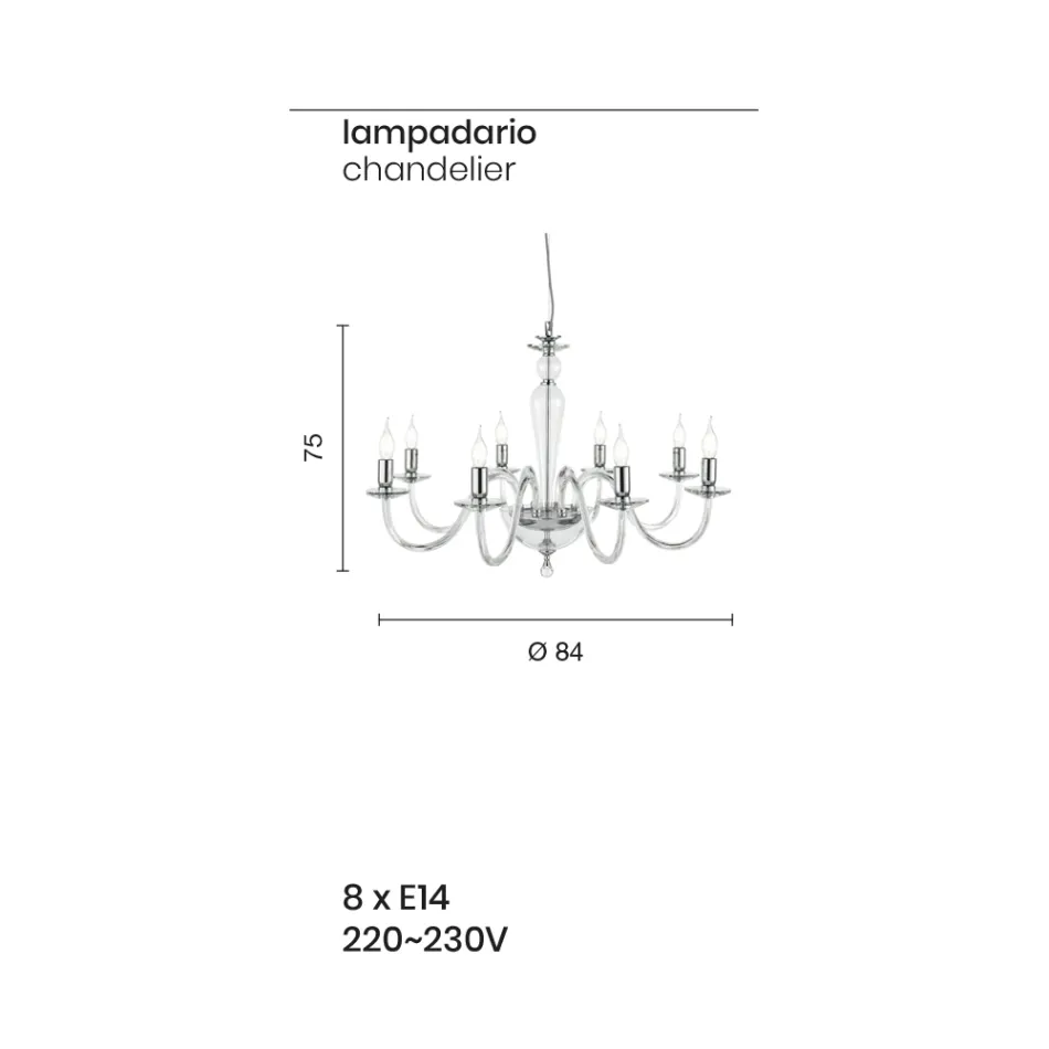 Classic Chandelier 8 Lights in Handmade Italian Glass and Metal - Oliver Viadurini