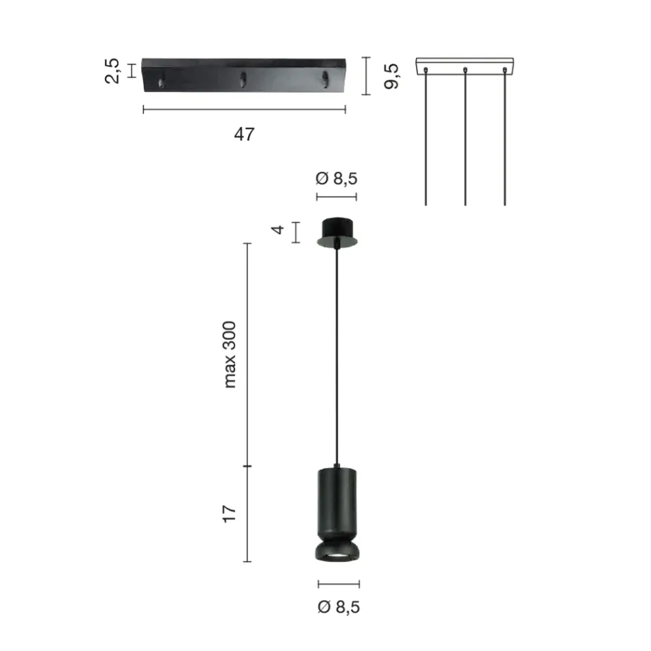 Chandelier with 3 LEDs in Powder Coated Aluminium and Adjustable Cable - Buxus Viadurini