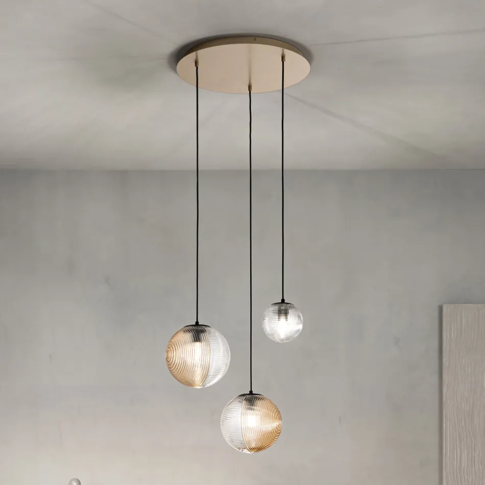 Chandelier with 3 Lights in Blown Glass in the Shape of a Sphere Made in Italy - Prilla Viadurini