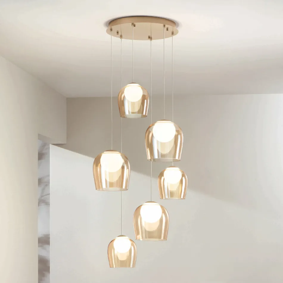 Chandelier with 6 LEDs Covered by Optional Glass and Base in Metal - Beech Viadurini