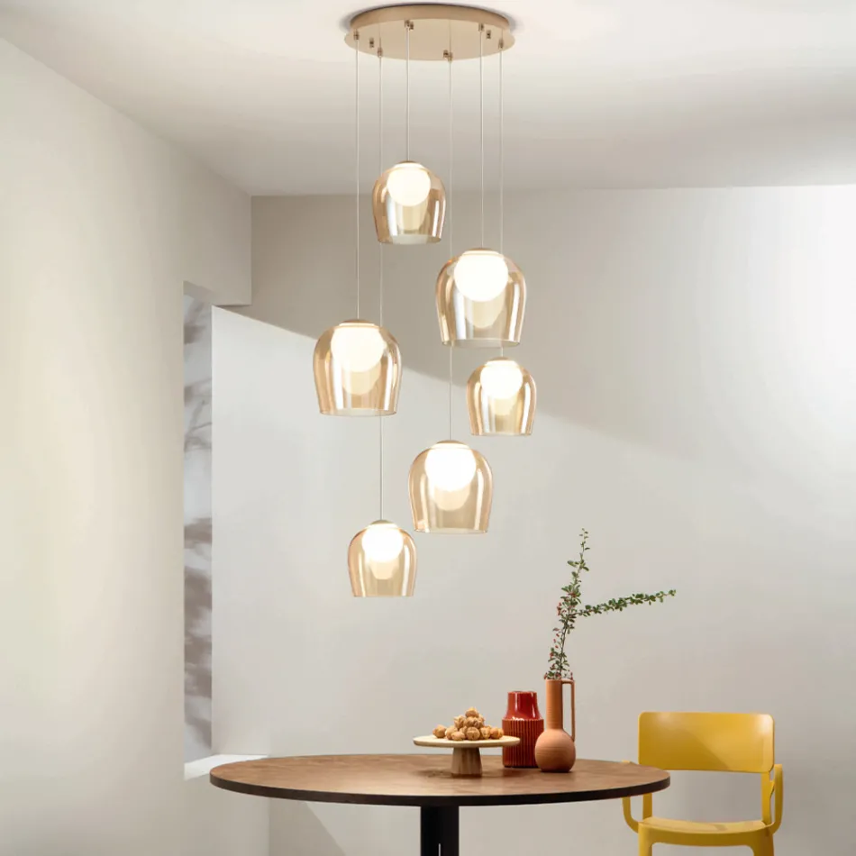 Chandelier with 6 LEDs Covered by Optional Glass and Base in Metal - Beech Viadurini