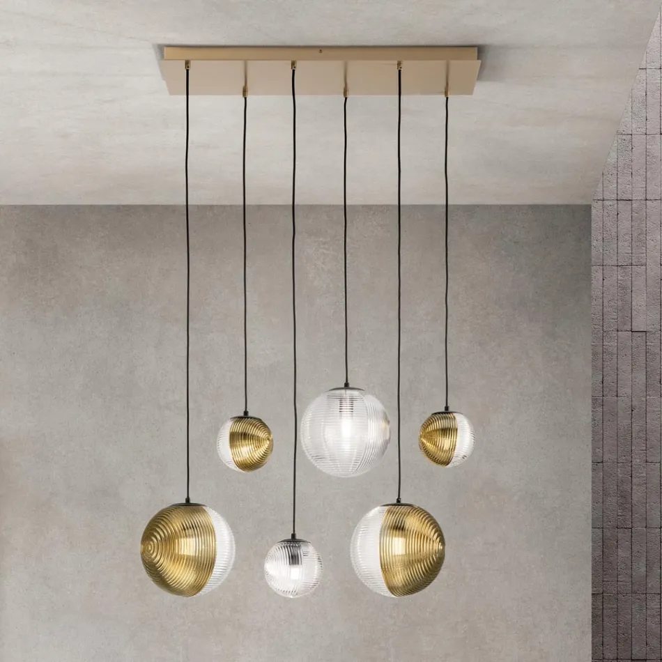 Chandelier with 6 Lights in Blown Glass in the Shape of a Sphere Made in Italy - Prilla Viadurini