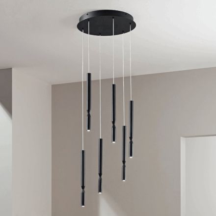 Chandelier with 6 LED Lights in Painted Metal and Adjustable Cables - Larch Viadurini