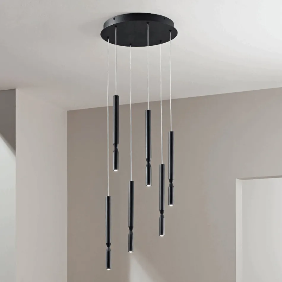 Chandelier with 6 LED Lights in Painted Metal and Adjustable Cables - Larch Viadurini