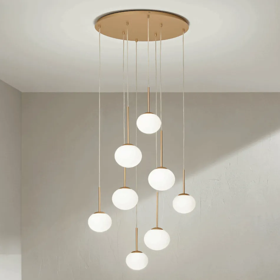 Chandelier with 8 LEDs in Gold Painted Metal and Blown Glass - Ailanto Viadurini